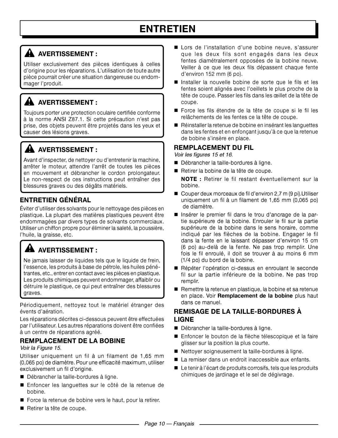 Homelite UT41121 Entretien Général, Remplacement De La Bobine, Remplacement Du Fil, Voir la Figure, Page 10 - Français 